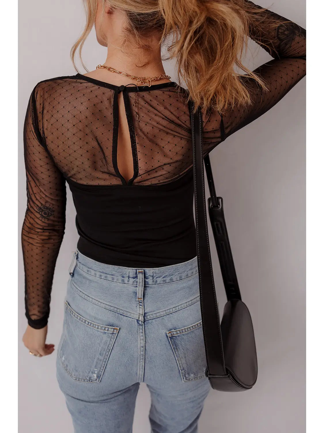 Polka Dot Mesh Square Neck Long Sleeve Bodysuit APLA6422041-P2