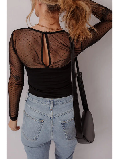 Polka Dot Mesh Square Neck Long Sleeve Bodysuit APLA6422041-P2