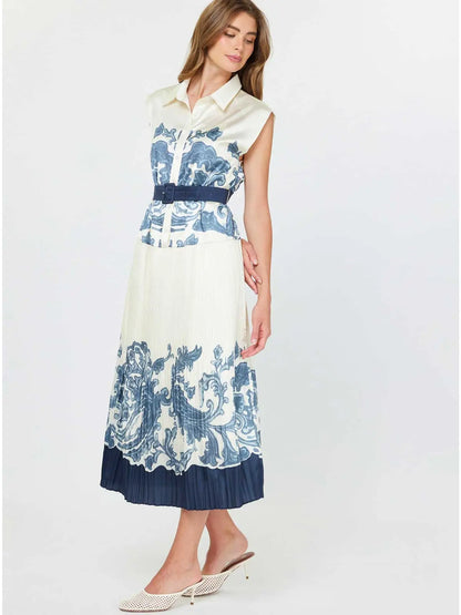 Printed Pleated Midi Shirt Dress w/ Buckle Belt 2590056