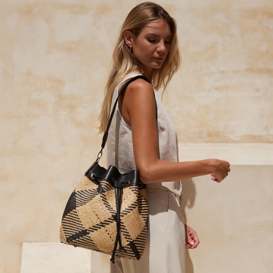 Rattan Sling Bag Woven Plaid Pattern