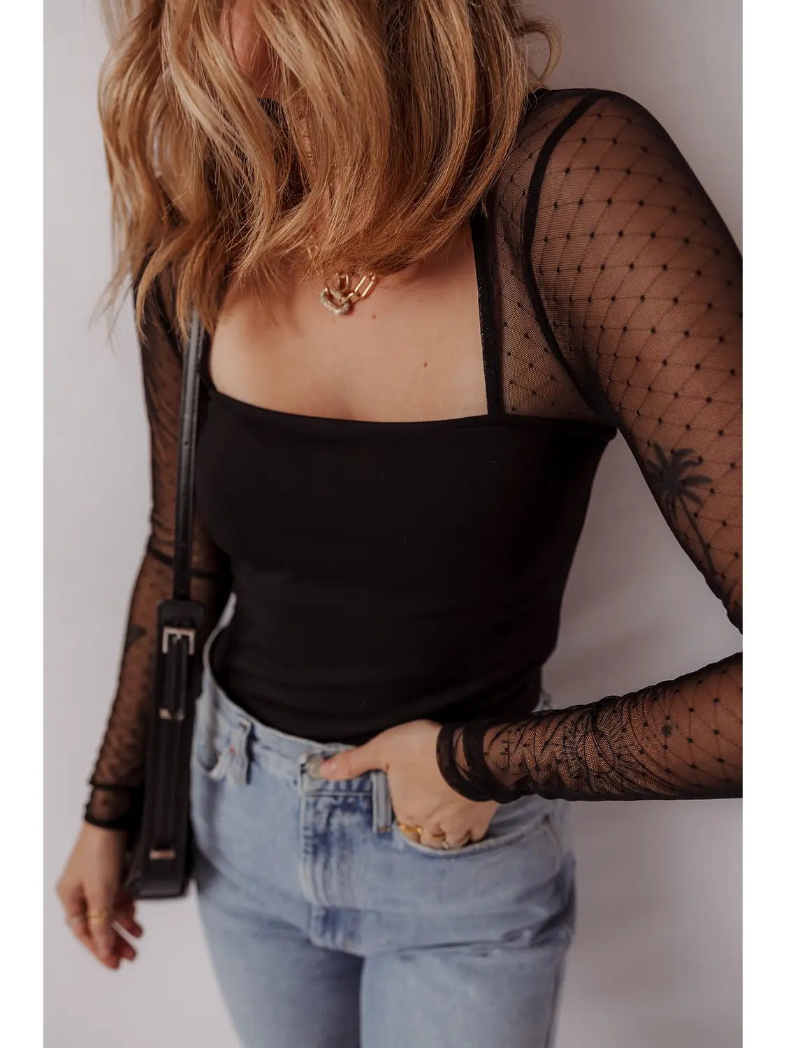 Polka Dot Mesh Square Neck Long Sleeve Bodysuit APLA6422041-P2