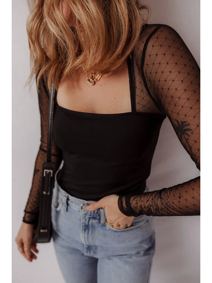 Polka Dot Mesh Square Neck Long Sleeve Bodysuit APLA6422041-P2