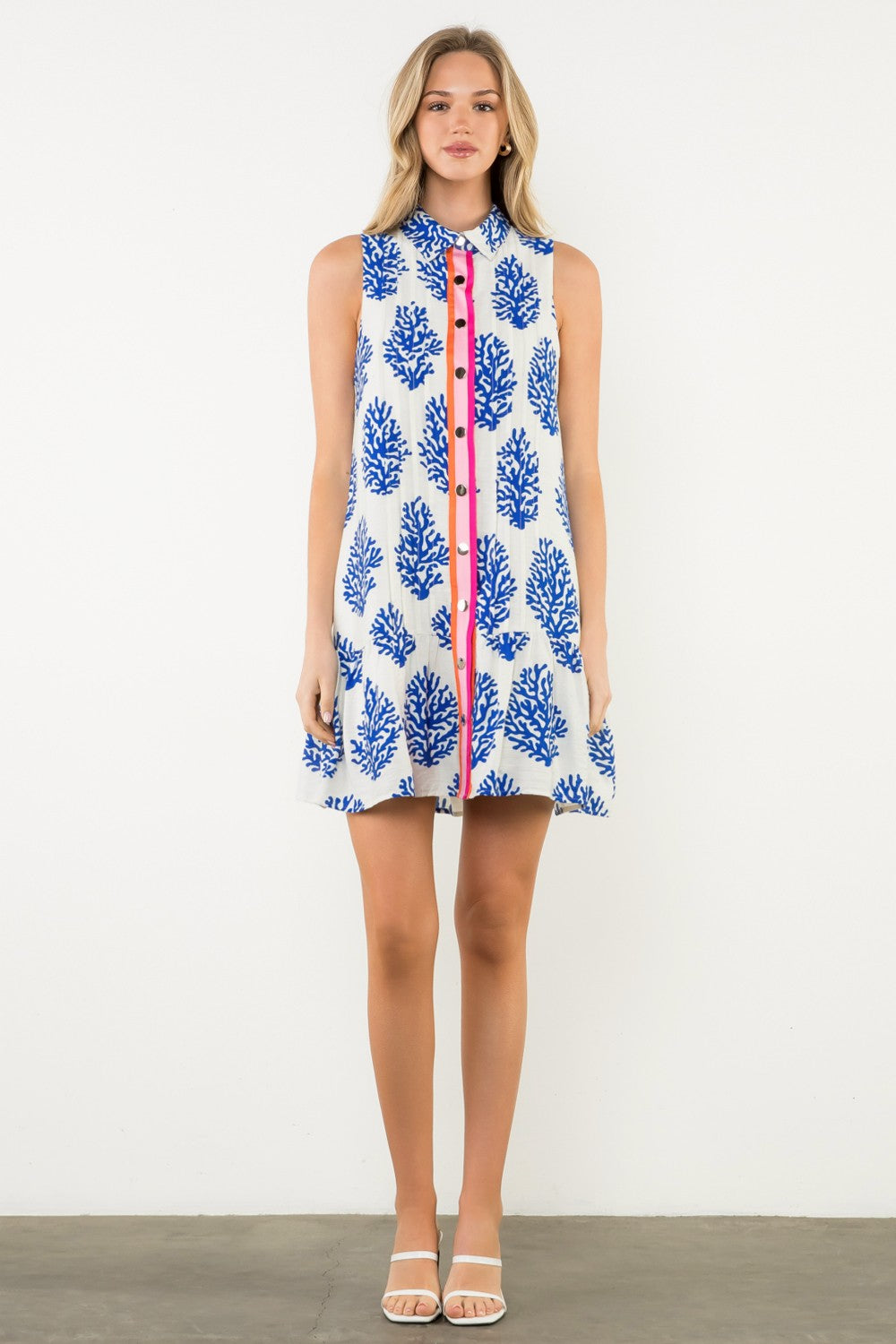 Colorblock Placket Coral Print Dress FTM3135-2