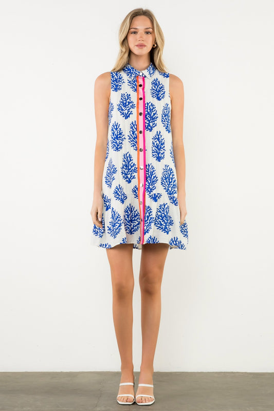 Colorblock Placket Coral Print Dress FTM3135-2