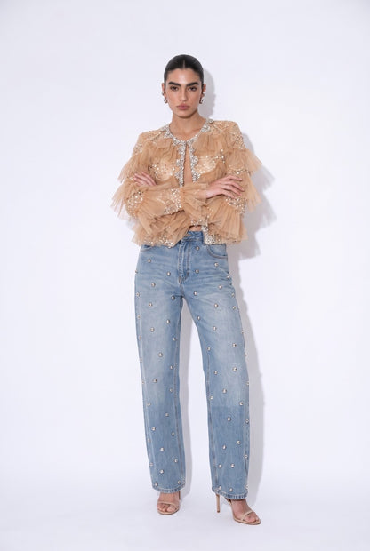 Embellished Ruffle Mesh Jacket  AM4001