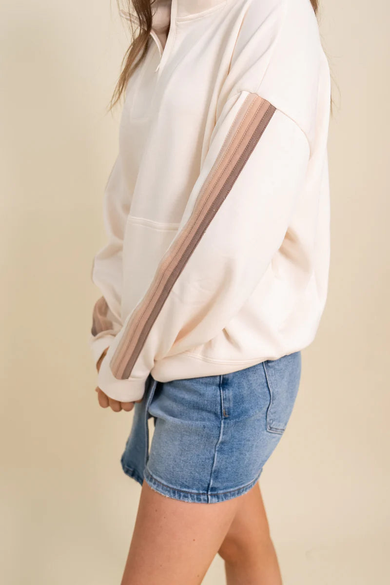 Coconut W/ Neutrals Striped Cloud Fleece Quarter Zip B13459-COCO
