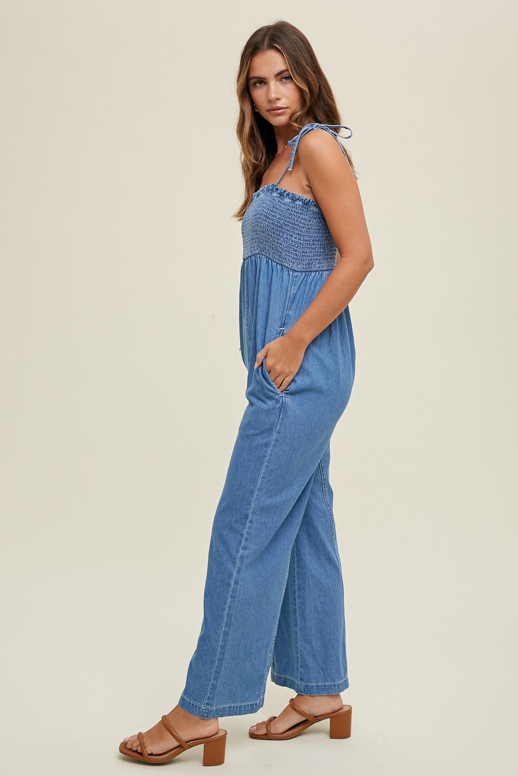 Smocked Bust Denim Jumpsuit WL24-8602.