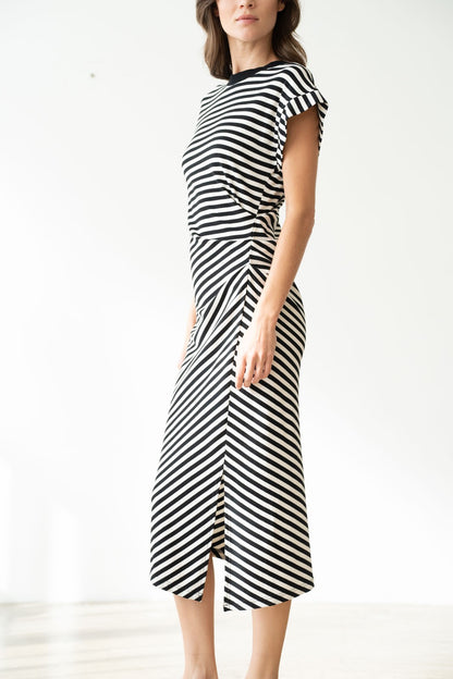 Striped Ruched Side Detailed Long Dress 3114EDC