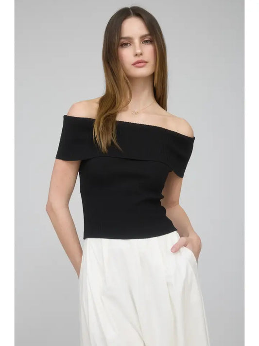 Off the Shoulder Fold Over Sweater Knit Top TW1735