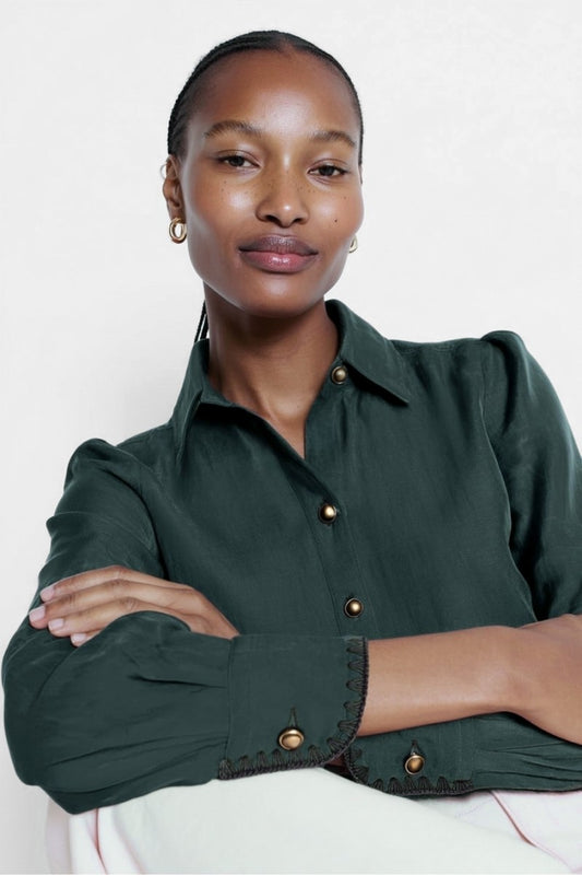 Blanket-stitch Cuff Button Up Cropped Blouse WB7077-C