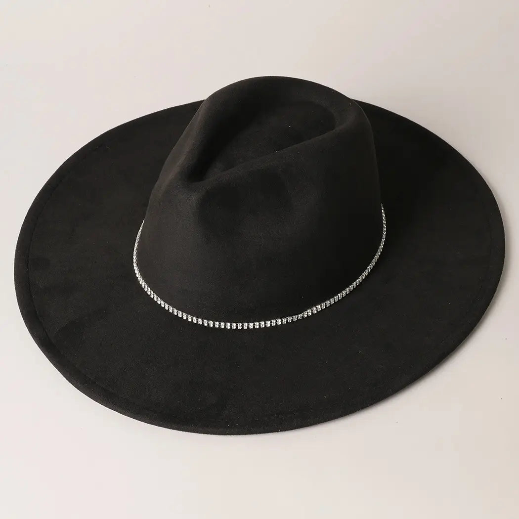 Rhinestone Wide Flat Brim Suede Fedora Hat 2-GWPN2414
