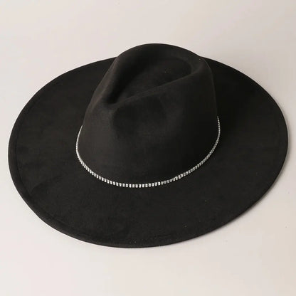 Rhinestone Wide Flat Brim Suede Fedora Hat 2-GWPN2414