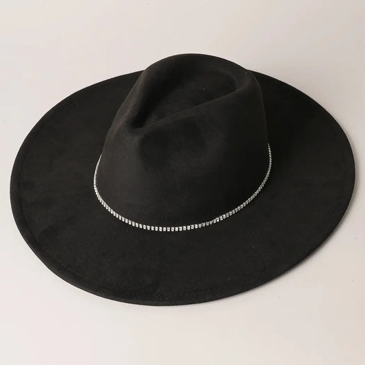 Rhinestone Wide Flat Brim Suede Fedora Hat 2-GWPN2414
