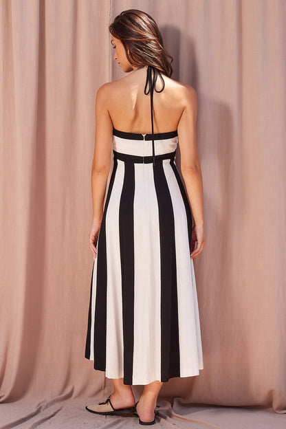 Contrast Stripe Halter Midi Dress IM9397