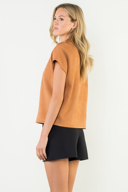 Button Detail Short Sleeve Suede Top THS1819