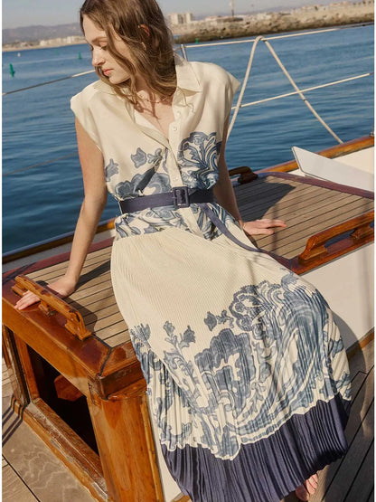 Printed Pleated Midi Shirt Dress w/ Buckle Belt 2590056