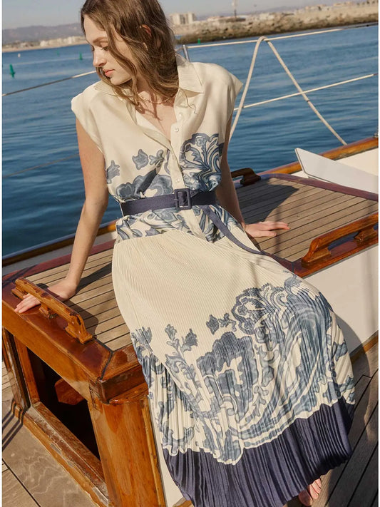 Printed Pleated Midi Shirt Dress w/ Buckle Belt 2590056