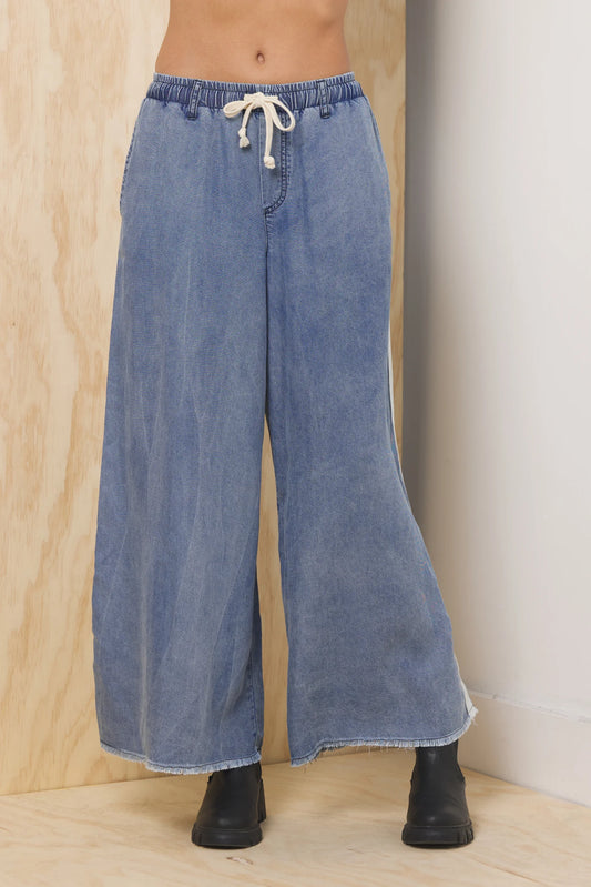 Washed Denim W/ Ivory Tencel Wide Leg Pant CC13584-WSHD