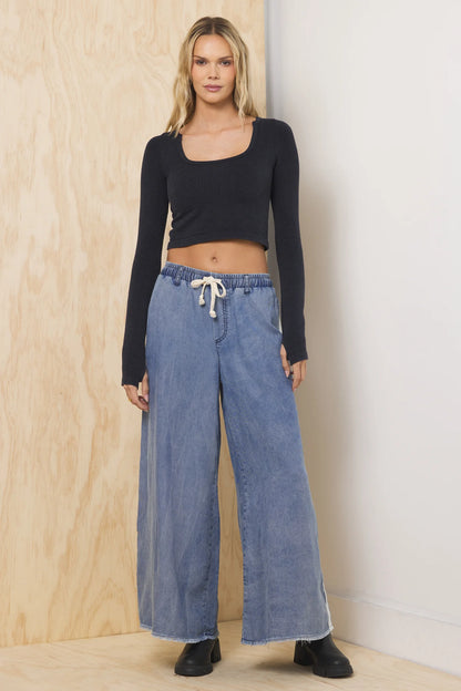 Washed Denim W/ Ivory Tencel Wide Leg Pant CC13584-WSHD