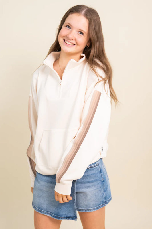 Coconut W/ Neutrals Striped Cloud Fleece Quarter Zip B13459-COCO