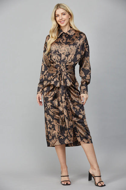 Print Satin Front Tie Midi Dress FD35625