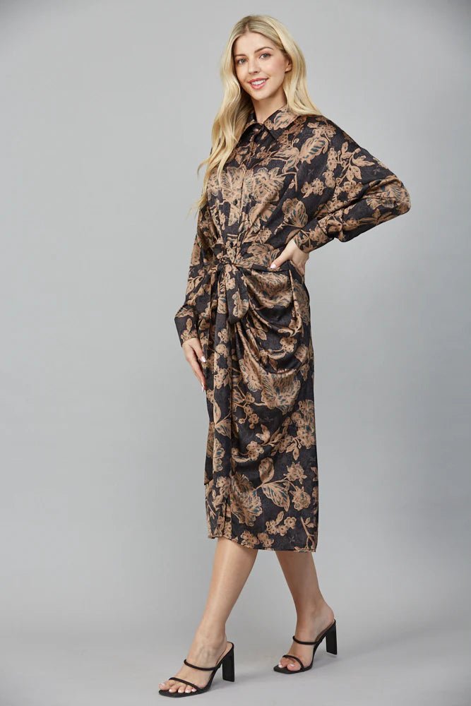 Print Satin Front Tie Midi Dress FD35625