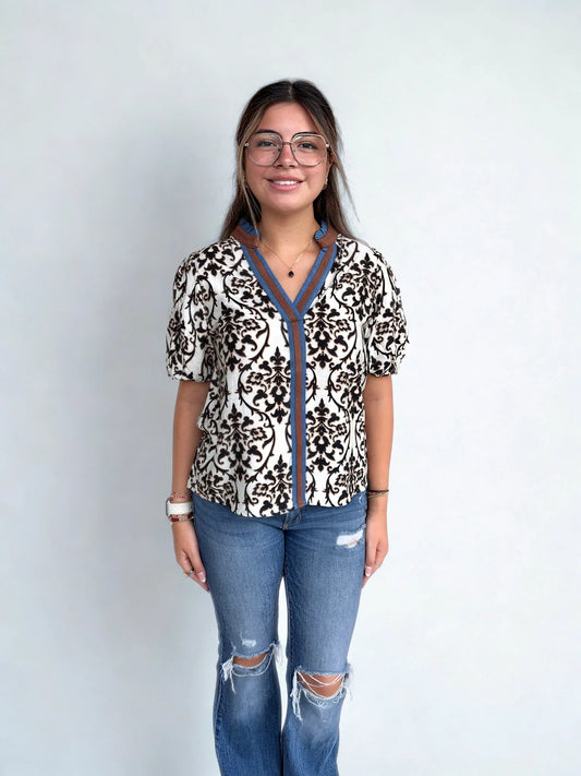 Print Bubble Sleeve Top FTM3301