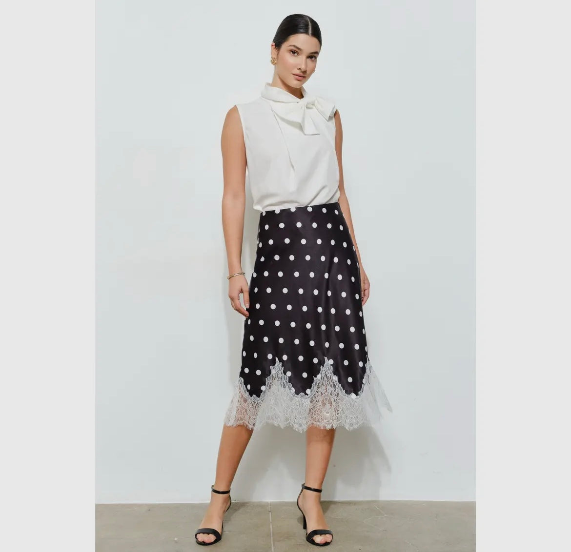 Chic Polka Dot Satin Lace Contrast Skirt ISO43204-1
