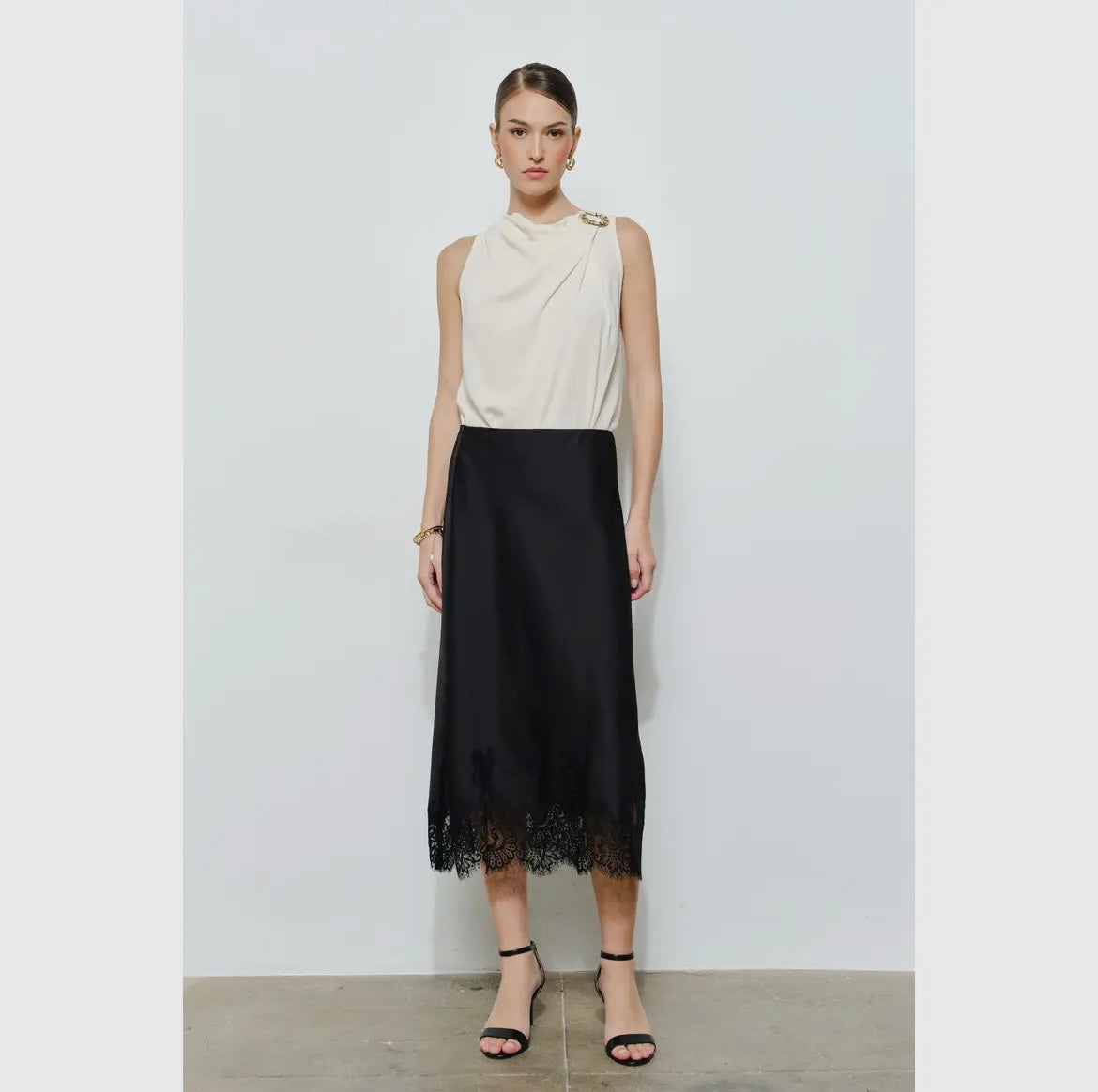 Classic Silky with Lace Hem H-Line Midi Skirt ISO43198