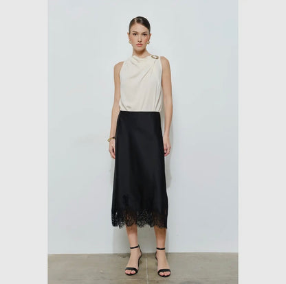 Classic Silky with Lace Hem H-Line Midi Skirt ISO43198