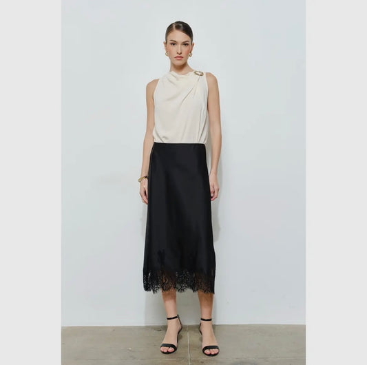 Classic Silky with Lace Hem H-Line Midi Skirt ISO43198