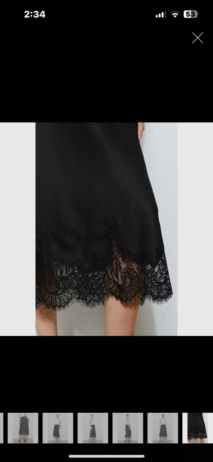Classic Silky with Lace Hem H-Line Midi Skirt ISO43198