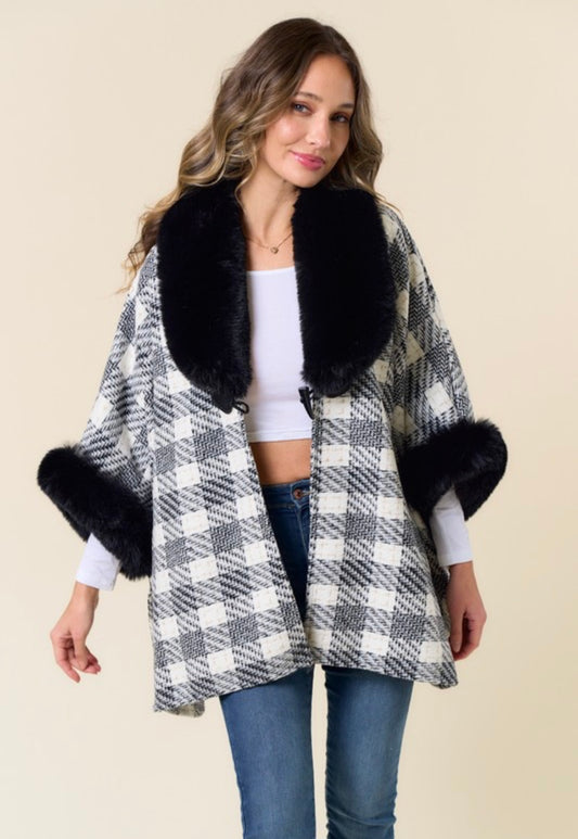 Plush Faux Fur Collar Plaid Print Shawl Cardigan OBJ2410-BLA-IVO
