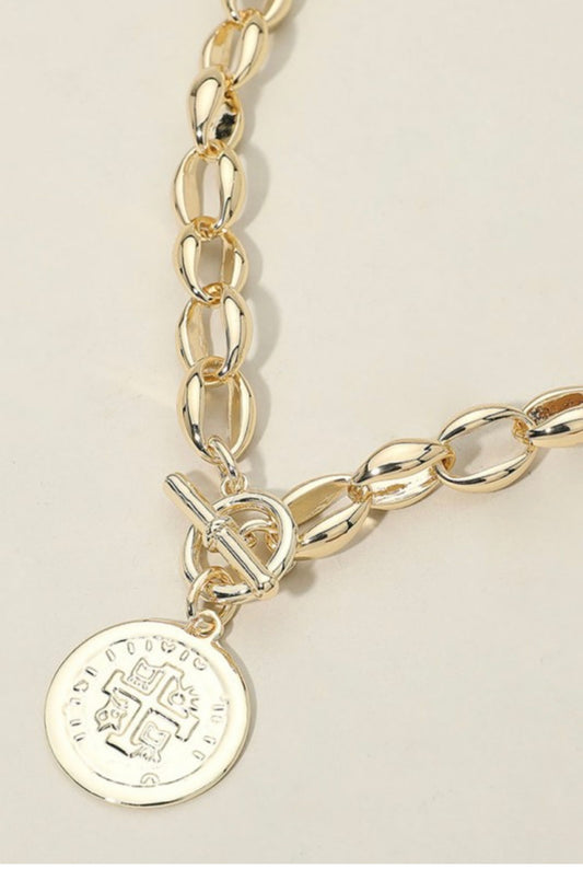 14K Cross Embossed Coin Chunky Toggle Necklace PDN1153