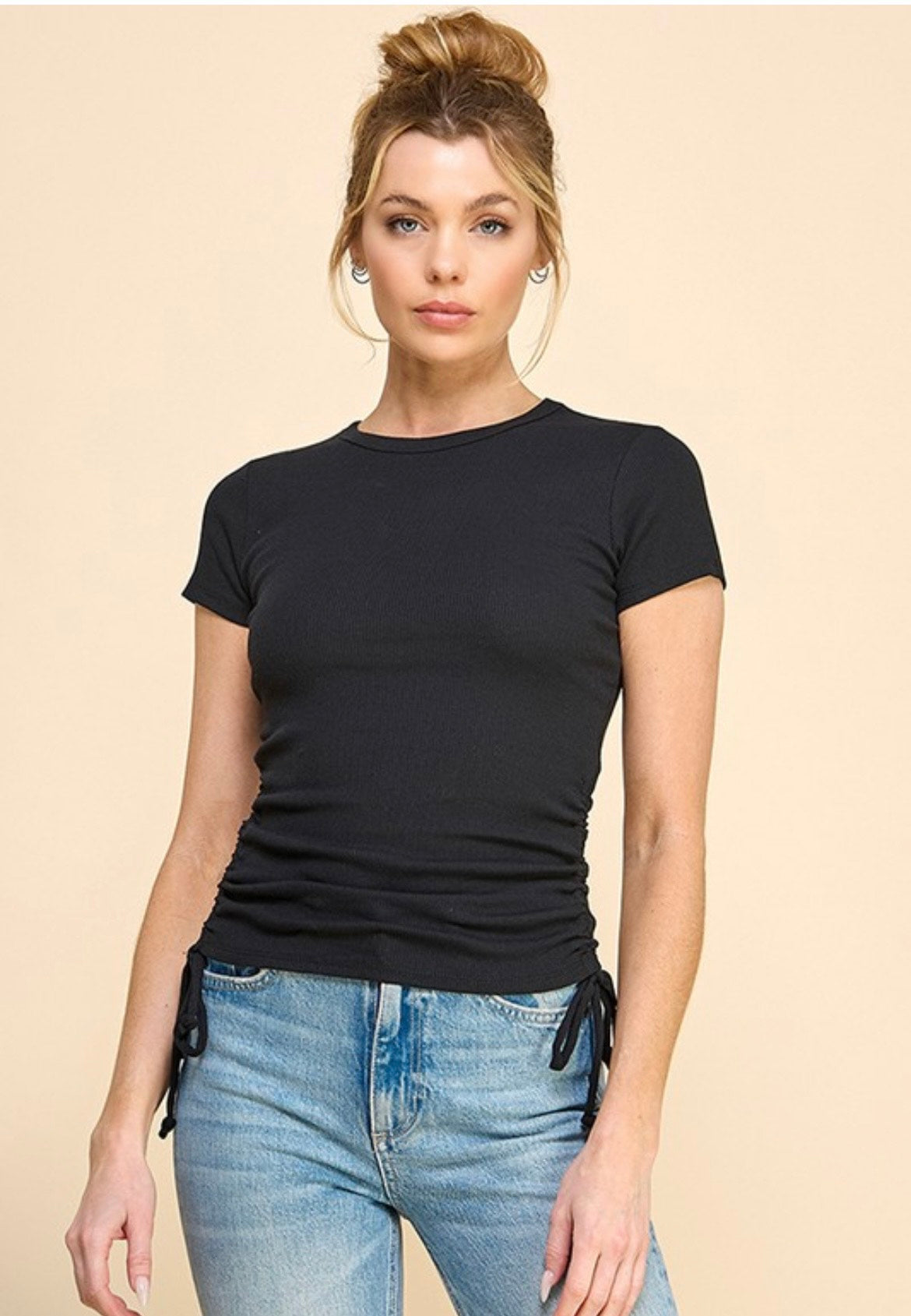 Crew Neck Ribbed Top With Side Ruching RT51980