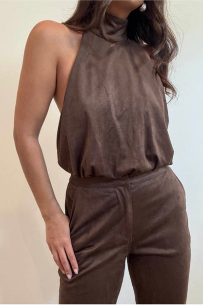 Faux Suede Halter High Neck Top C6243T