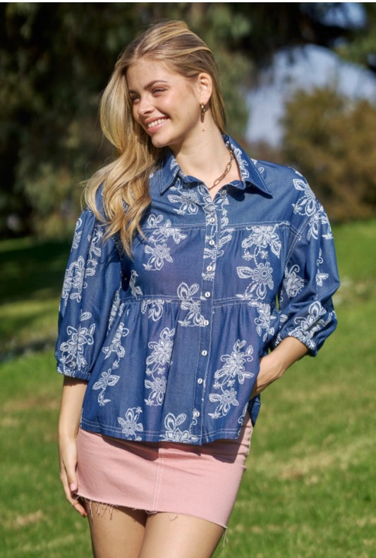 Floral Print Chambray Button Up TE1555
