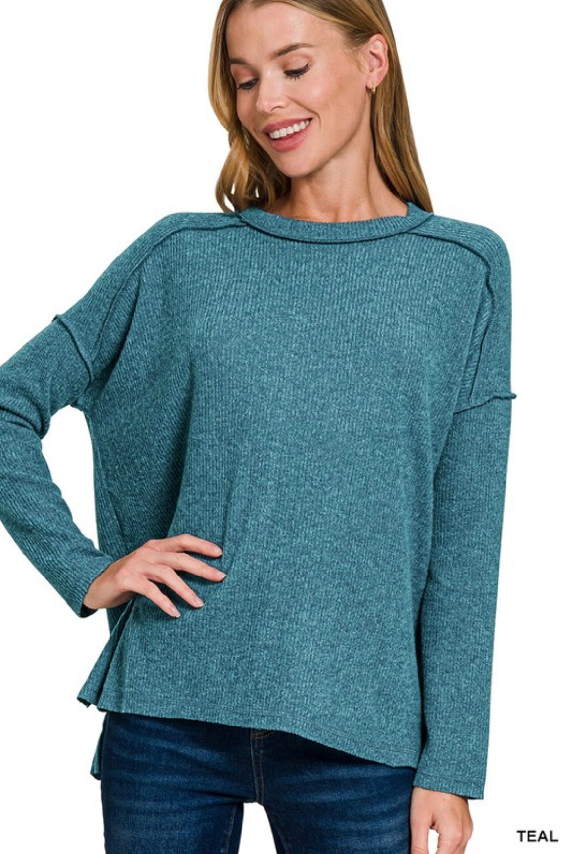 Brushed Ribbed Hacci Hi-Low Sweater HT-2469A