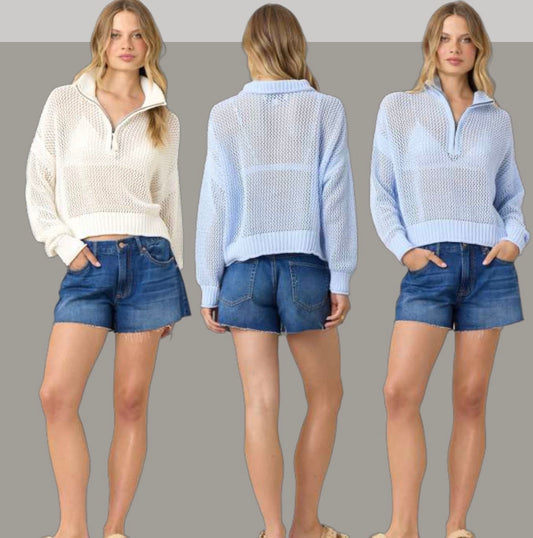 Light Blue Open Knit Quarter Zip B13953