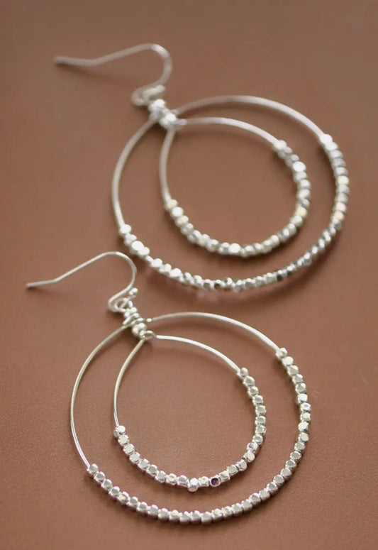 Silver Beaded Double Circle Drop Earrings 5806