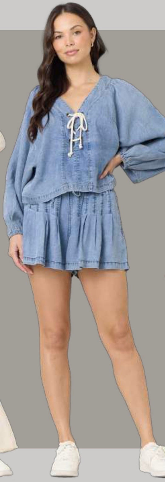 Washed Denim Tencel Pleated  Shorts CC14170-WSH
