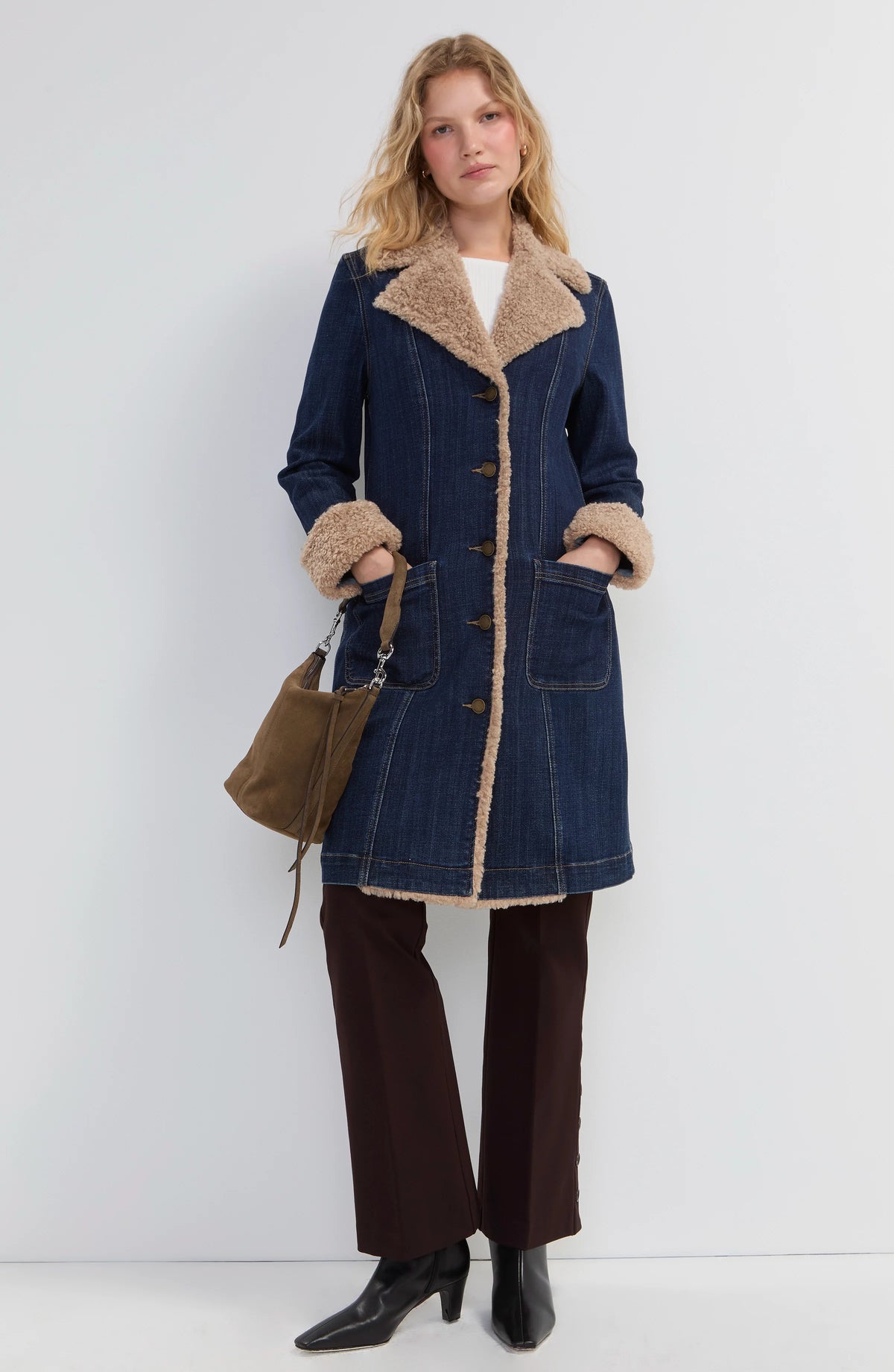 Sherpa Trimmed Notch Collar Denim Jacket - Rinse Wash