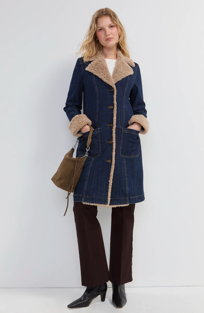 Sherpa Trimmed Notch Collar Denim Jacket - Rinse Wash