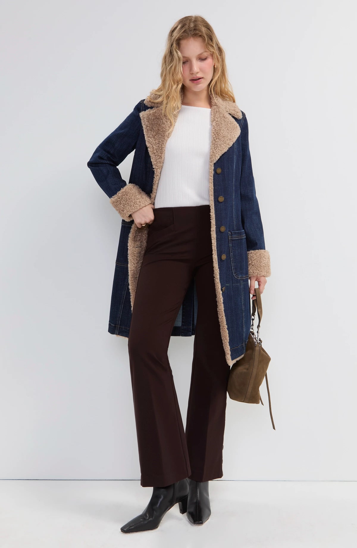 Sherpa Trimmed Notch Collar Denim Jacket - Rinse Wash