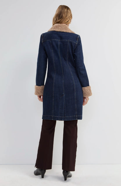 Sherpa Trimmed Notch Collar Denim Jacket - Rinse Wash