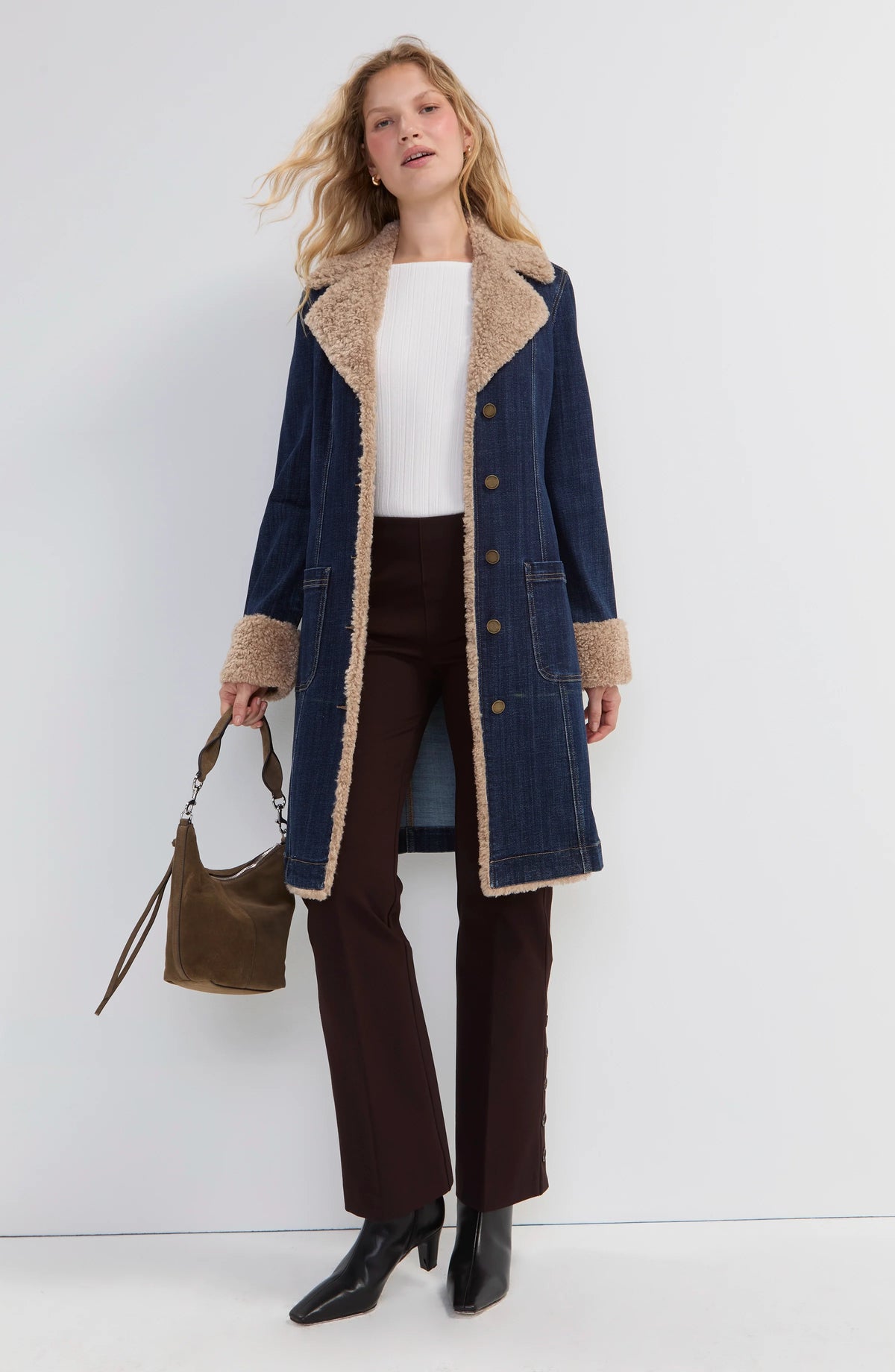 Sherpa Trimmed Notch Collar Denim Jacket - Rinse Wash