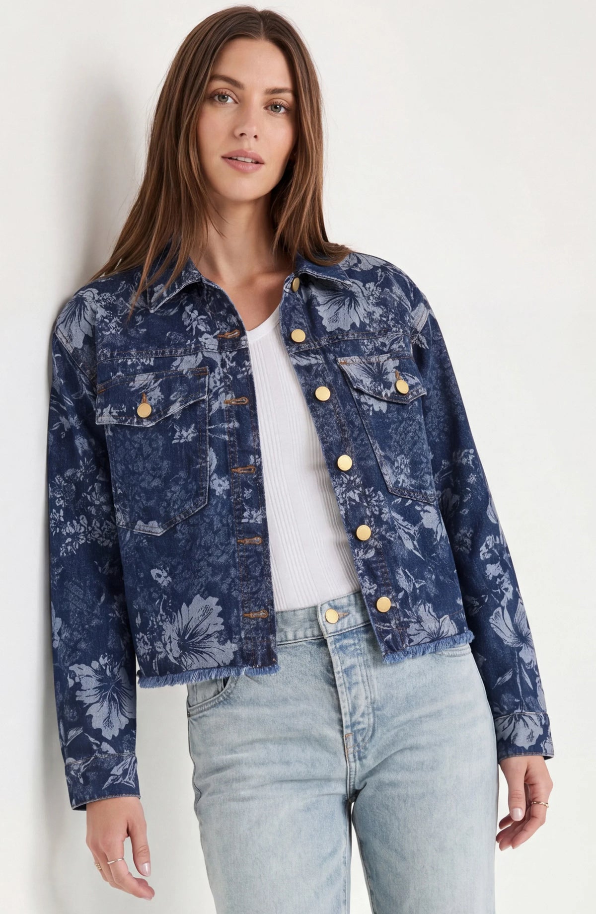 Jacquard Floral Denim Jacket - Lapis Grove