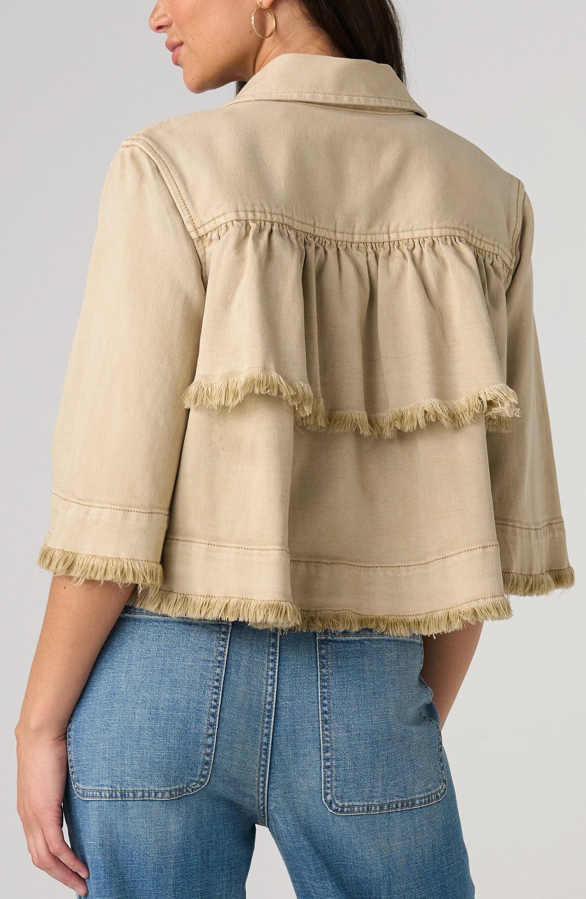 3/4 Sleeve Frayed Flounce Jacket - Light Khaki