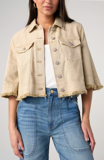 3/4 Sleeve Frayed Flounce Jacket - Light Khaki