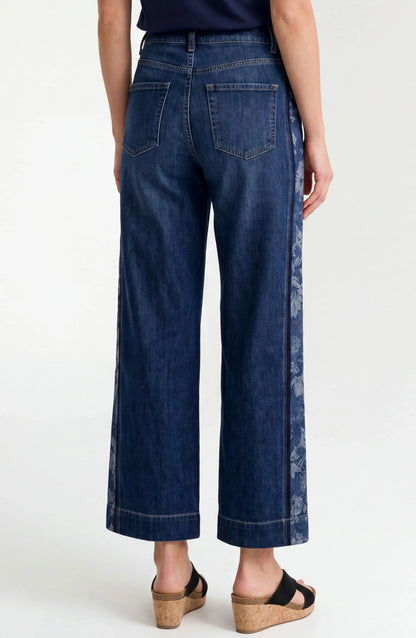 Stride Wide Leg Jean with Jacquard Blocking - Indigo Gardens